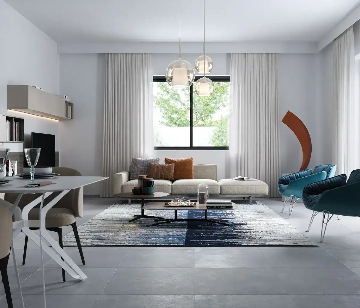 Open-plan dining and lounge area in a Noya villa on Yas Island