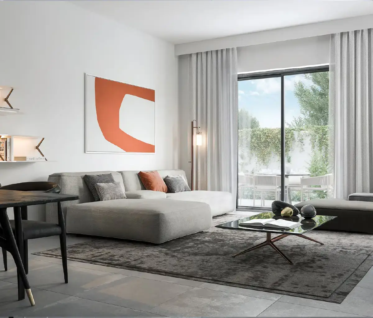 Sunlit bedroom with large windows and built-in wardrobes in Noya, Abu Dhabi
