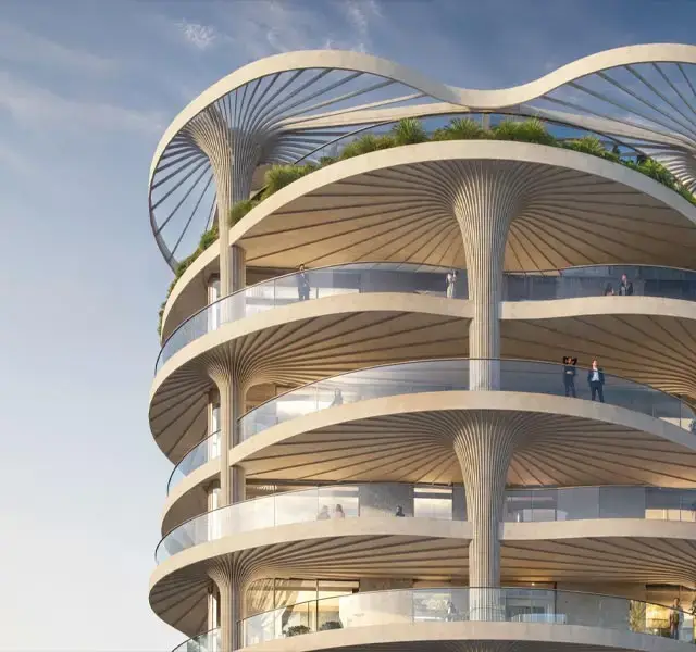 Contemporary architecture of Mamsha Palm apartments along the Abu Dhabi shoreline