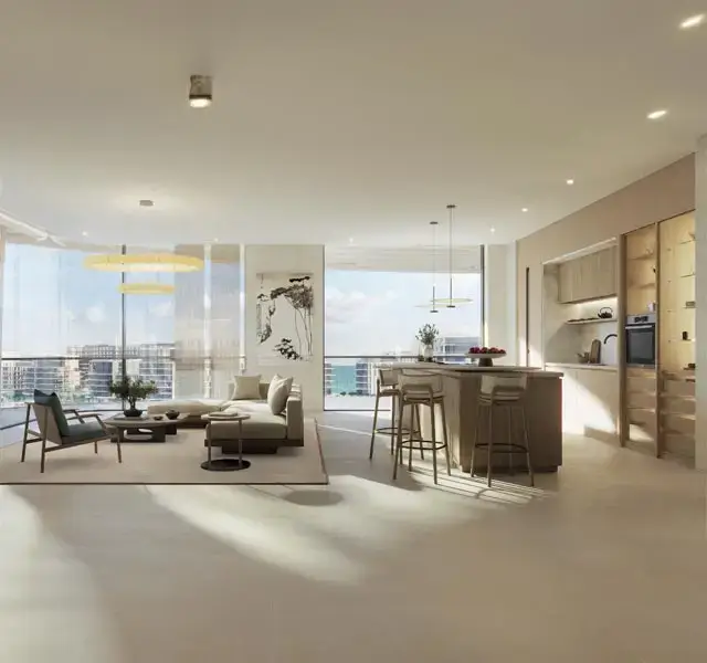 High-end interiors with large windows in Mamsha Palm apartment