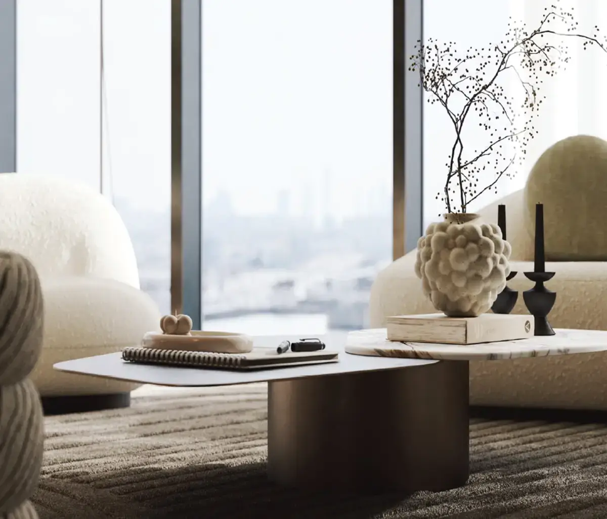 Ultra-modern living room with floor-to-ceiling windows in W Residences, Abu Dhabi