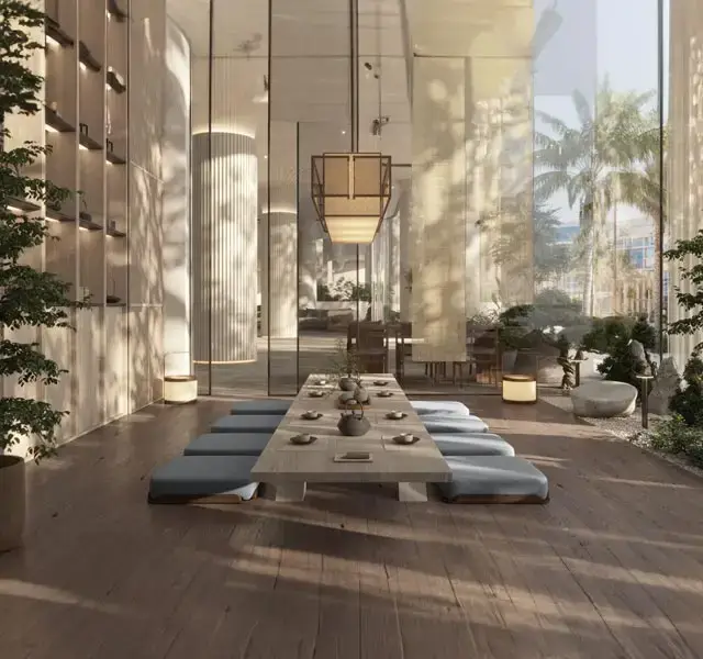 Modern kitchen and dining space inside Mamsha Palm luxury residence