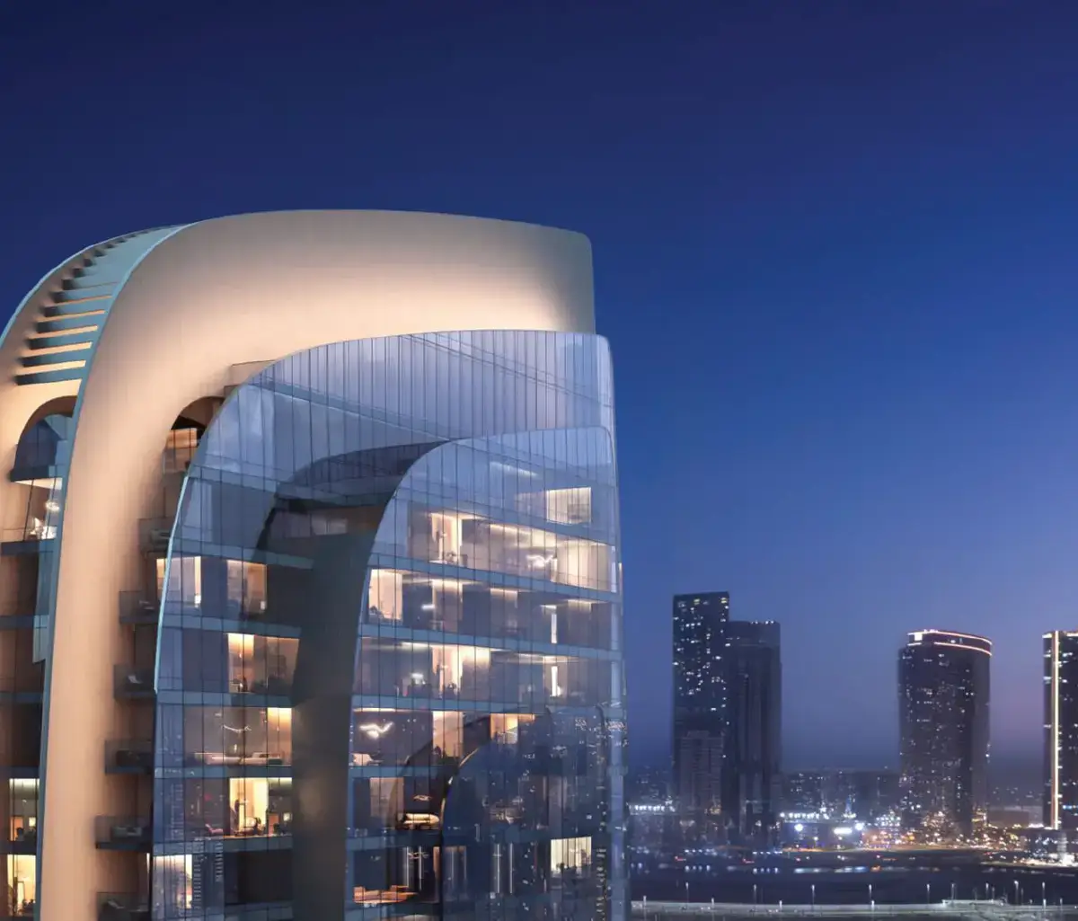 Contemporary skyline view of W Residences with sleek glass exterior