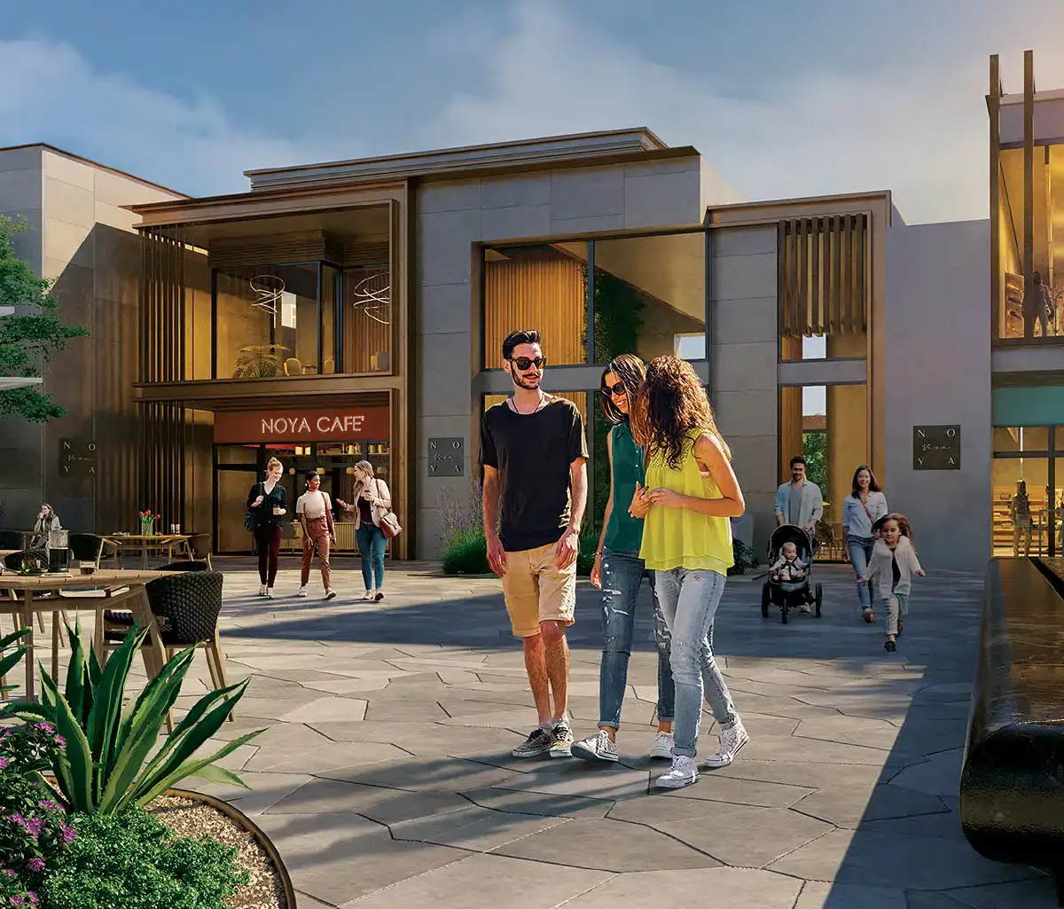 Noya villas with outdoor patios and shaded walkways in Yas Island, Abu Dhabi