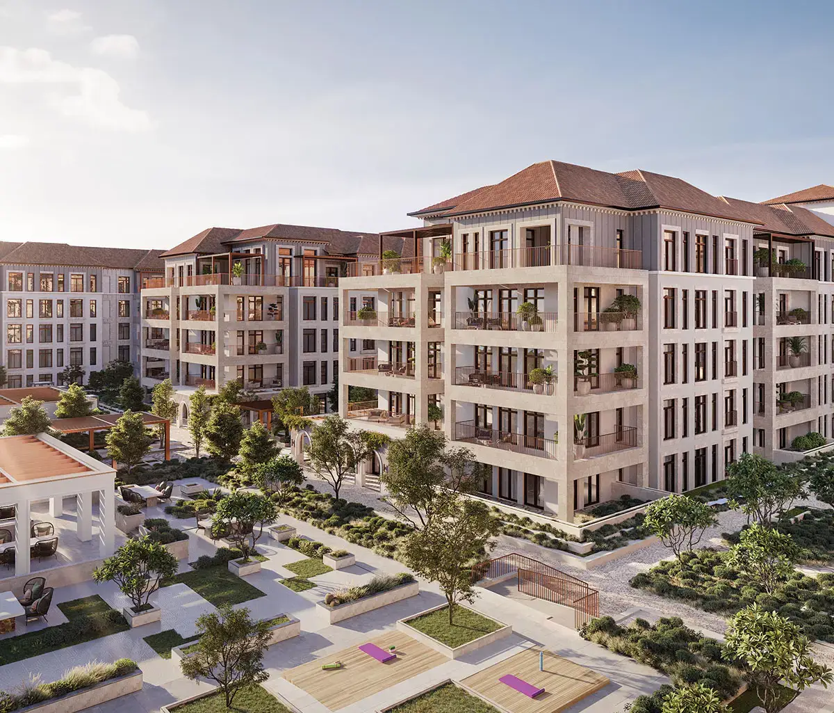 Nawayef Park Views residential buildings overlooking lush gardens in Abu Dhabi