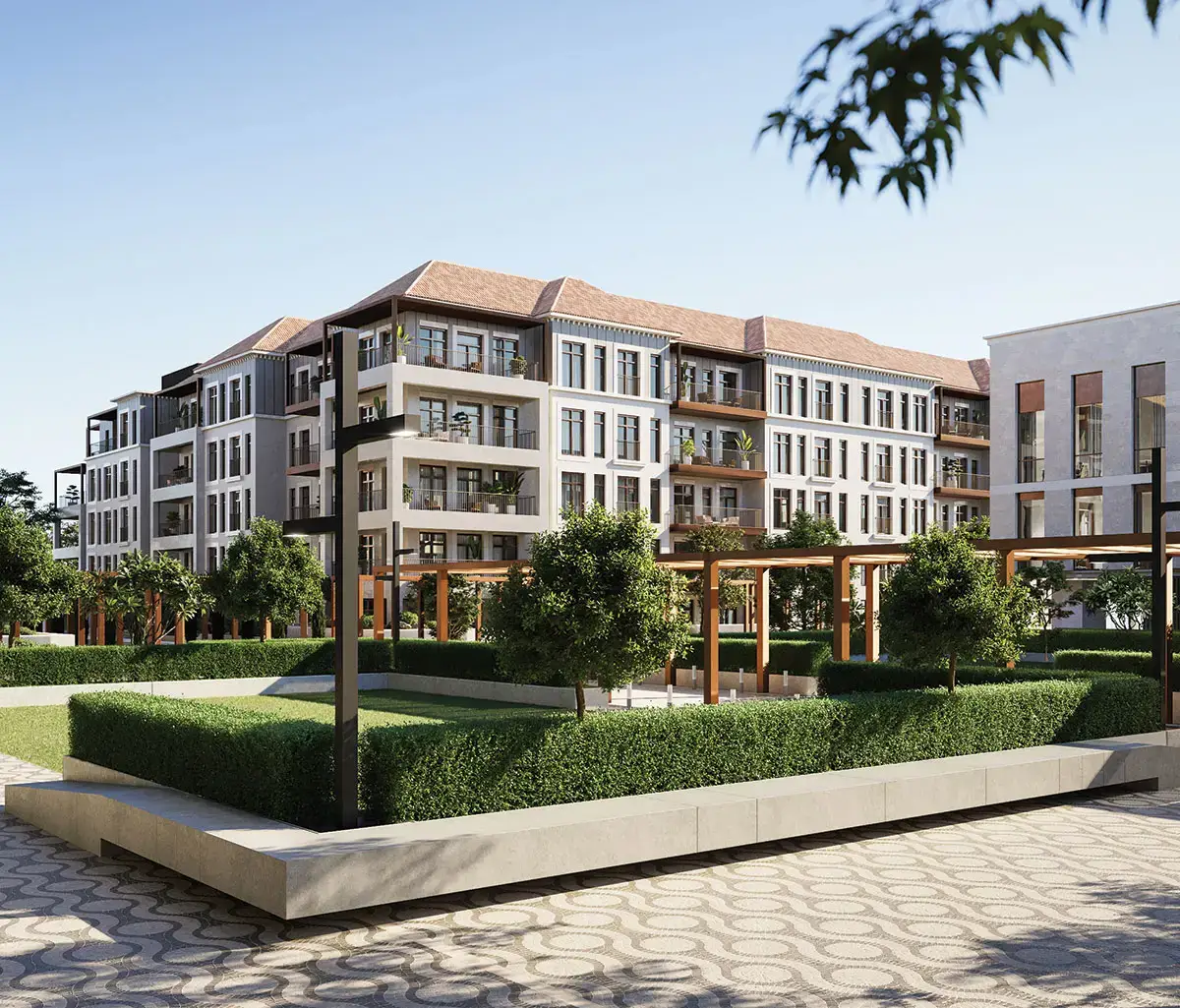 Contemporary architecture and park-facing balconies at Nawayef Park Views, Abu Dhabi