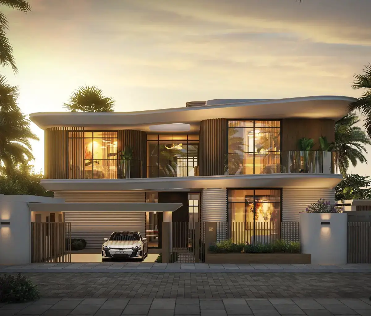 Scenic view of Yas Riva luxury villas with coastal backdrop and palm trees