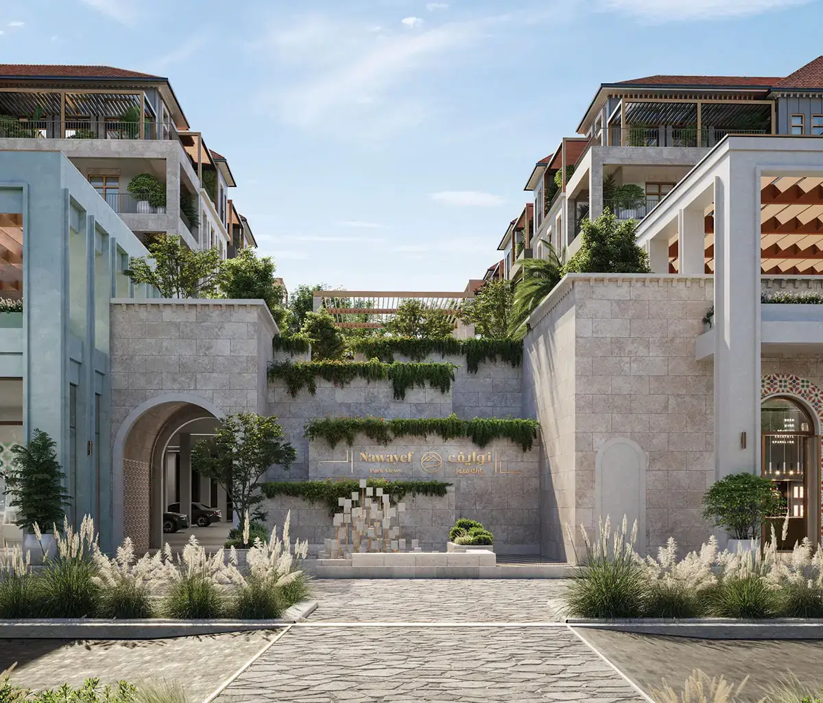 Stylish façade of Nawayef Park Views luxury apartments with serene outdoor setting