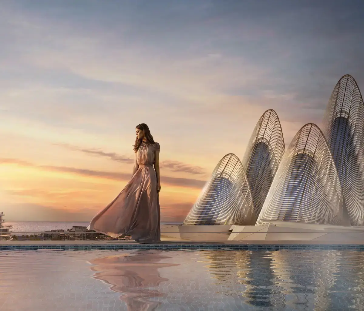 Evening view of The Source II luxury residences with ambient lighting and landscaped walkways