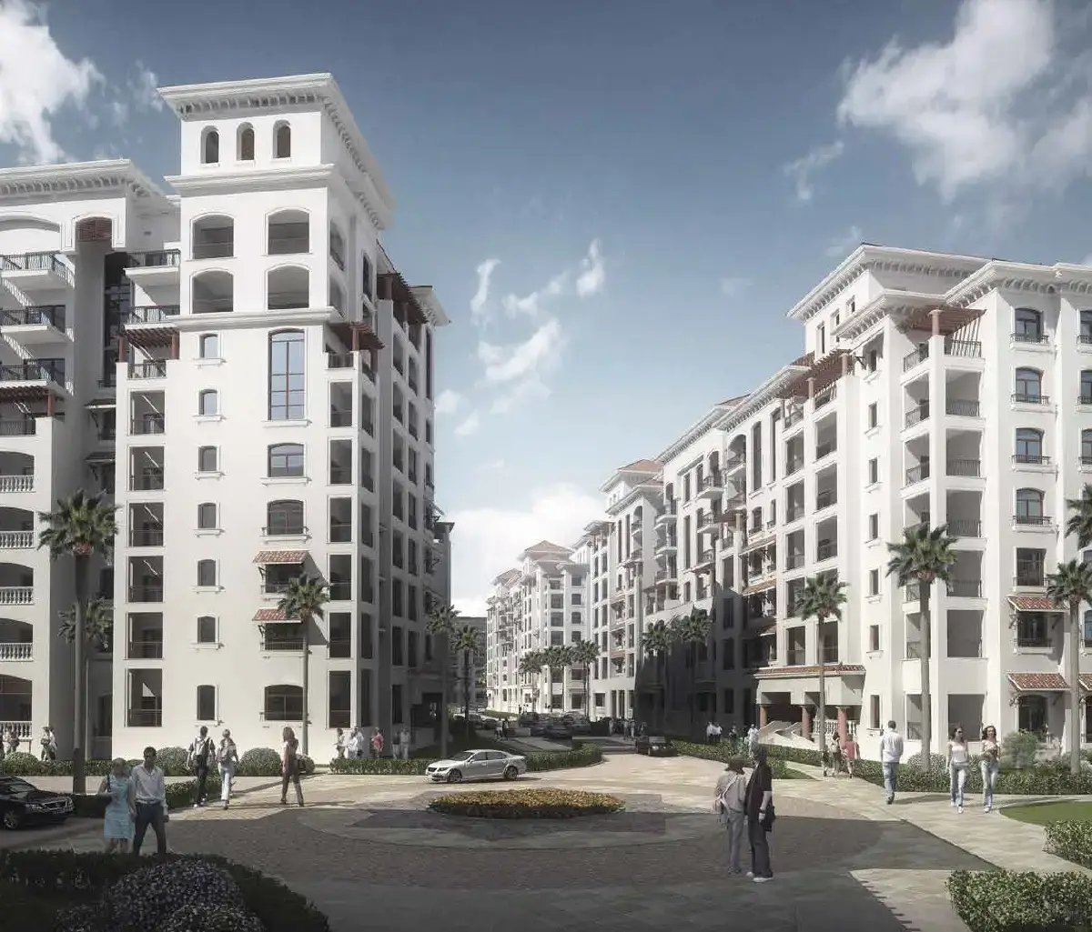 Tree-lined walkways and entrance to Ansam residential complex