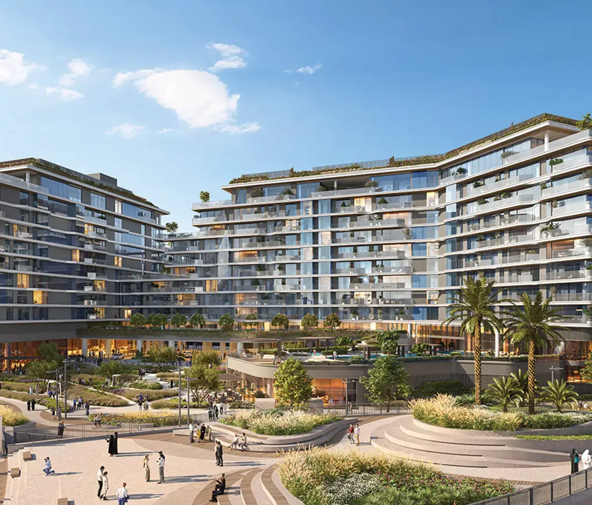 The Source II building façade surrounded by landscaped greenery in Abu Dhabi