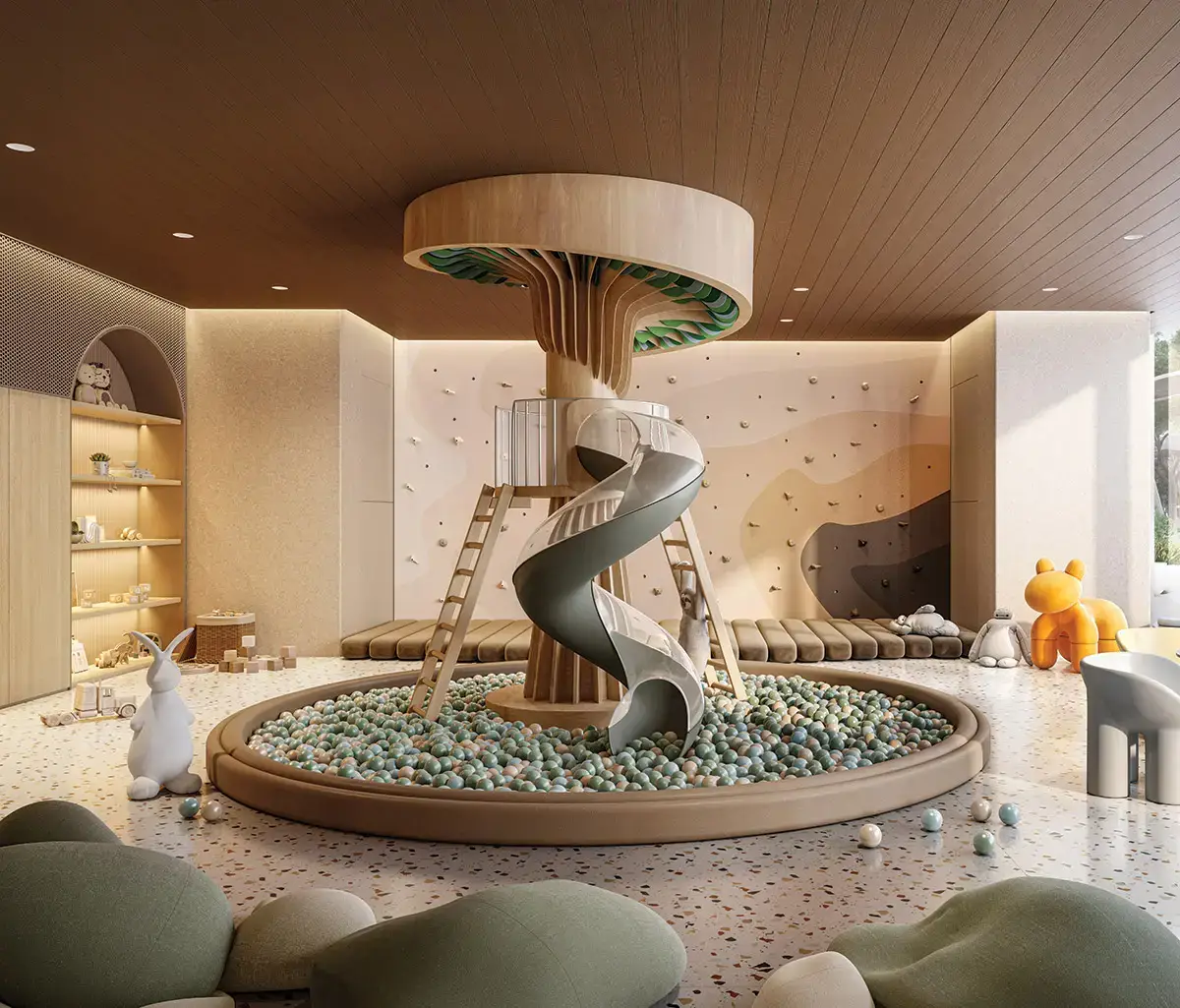 Minimalist living room interior with natural finishes in The Source II, Abu Dhabi