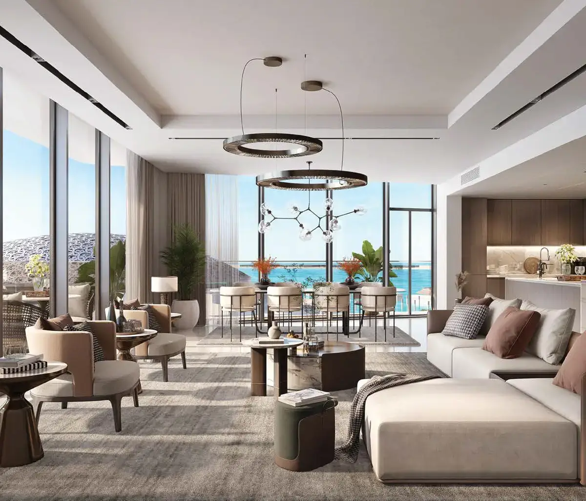 Modern kitchen and open-plan dining space in Louvre Residences luxury apartment