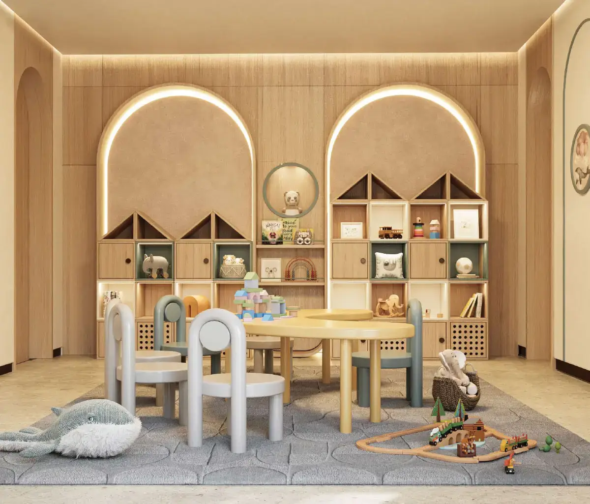Modern open-plan kitchen and lounge area in Nawayef Park Views luxury residence