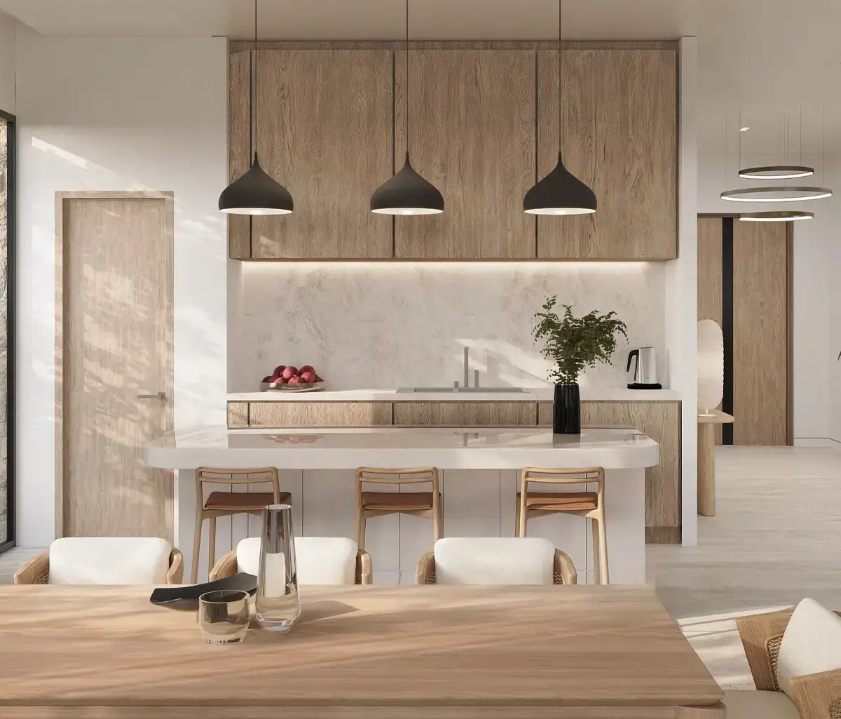 Spacious living area with coastal interiors and natural light