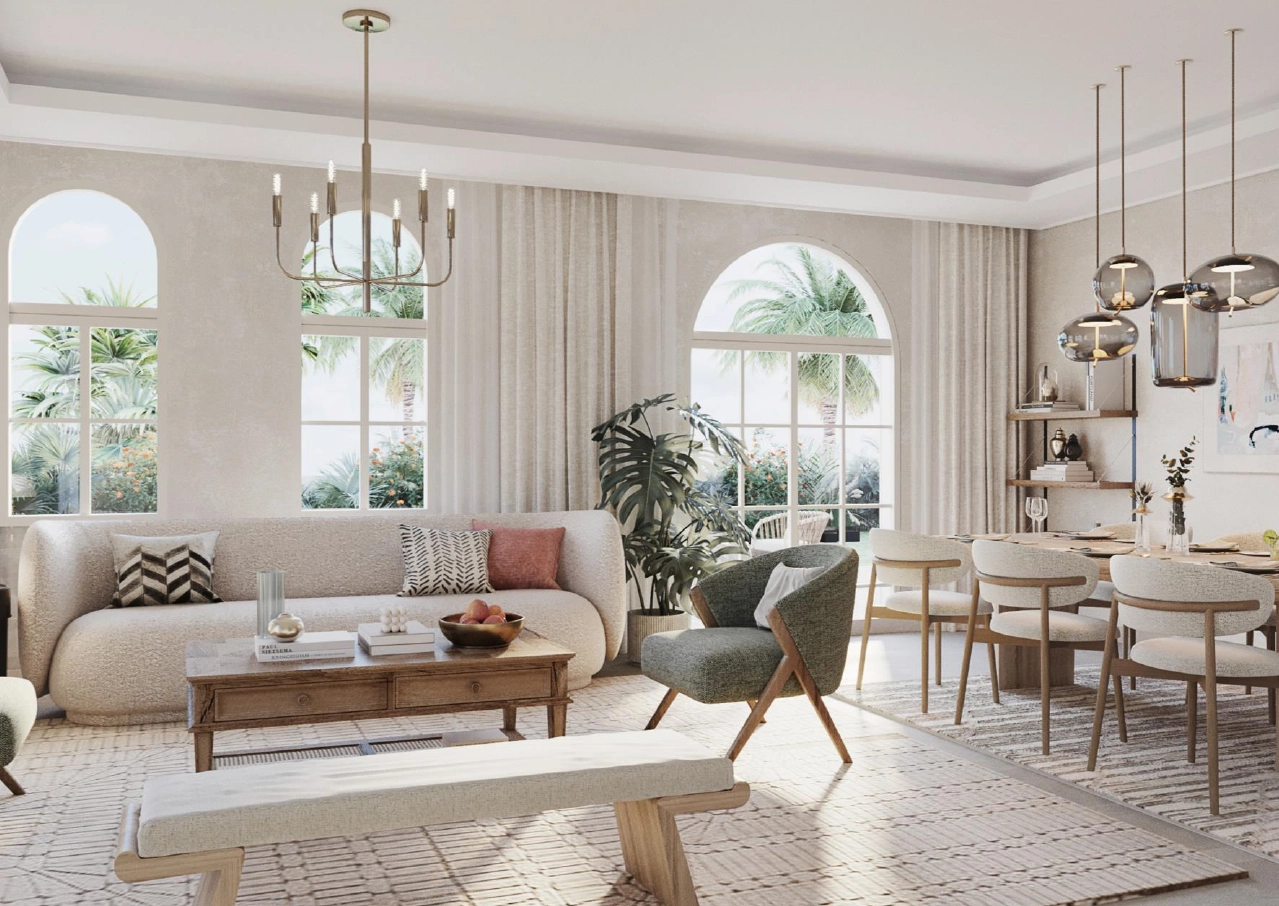 Cozy family lounge with arched windows and terracotta-style flooring