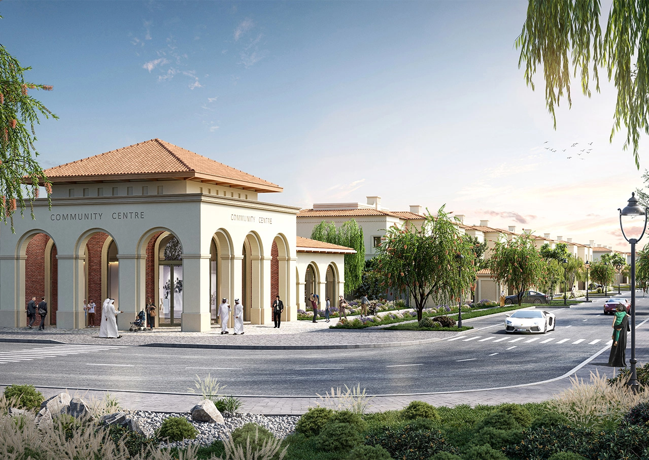 Almeria Bloom Living in Abu Dhabi with warm-toned villas and palm trees