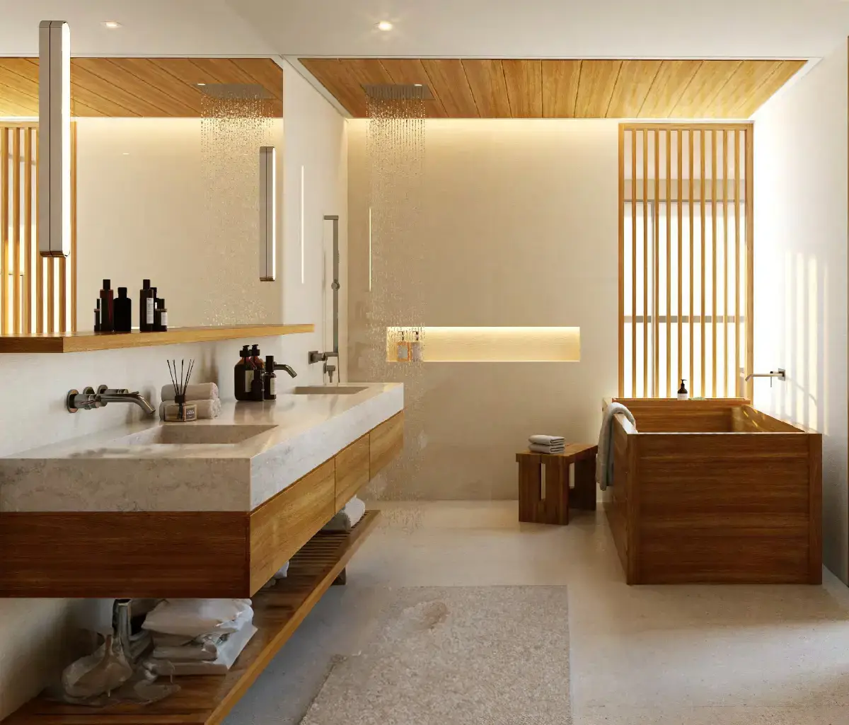 Japanese-influenced interiors with wood and stone textures
