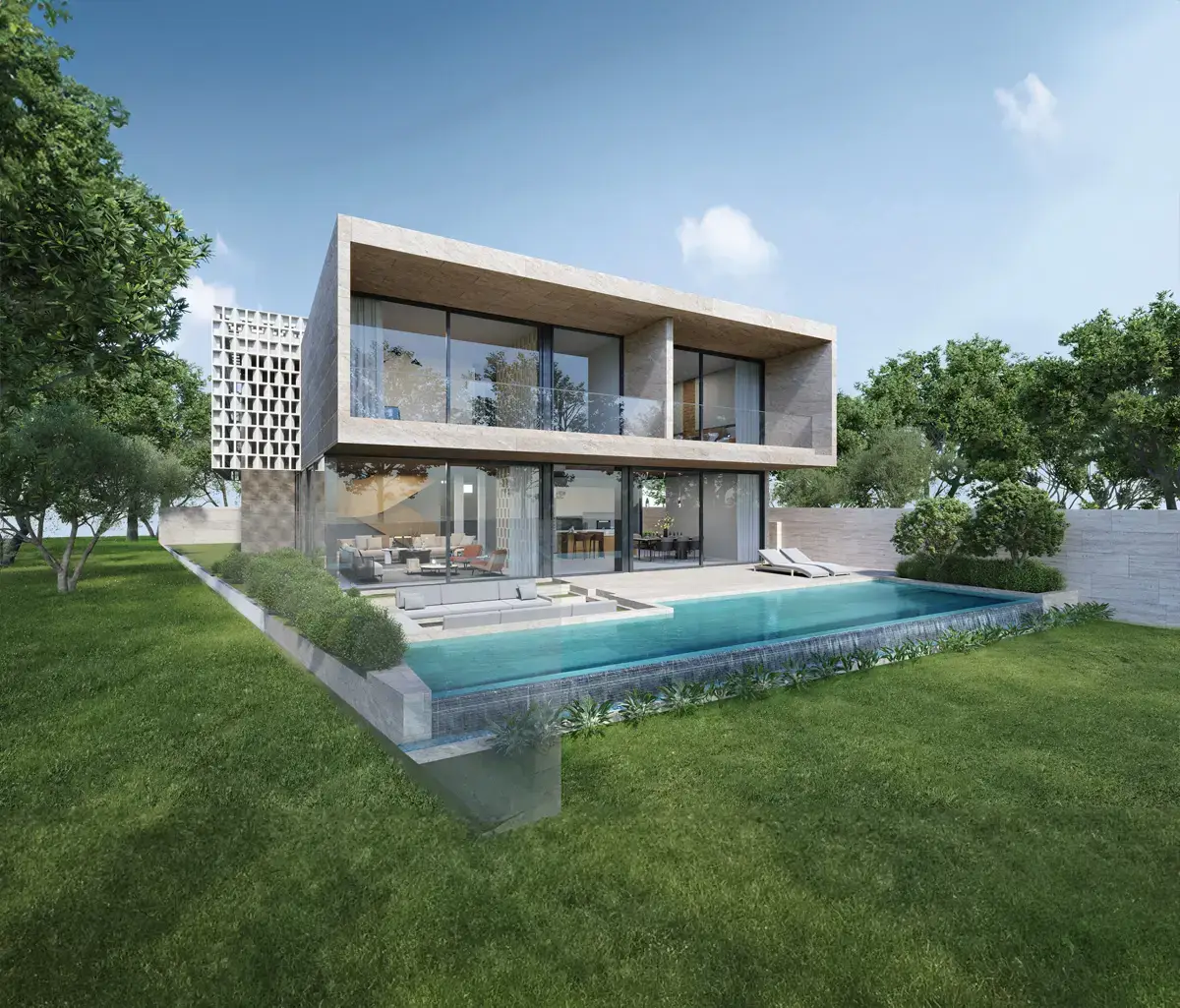 Contemporary architecture blending with the landscape at Nawayef West