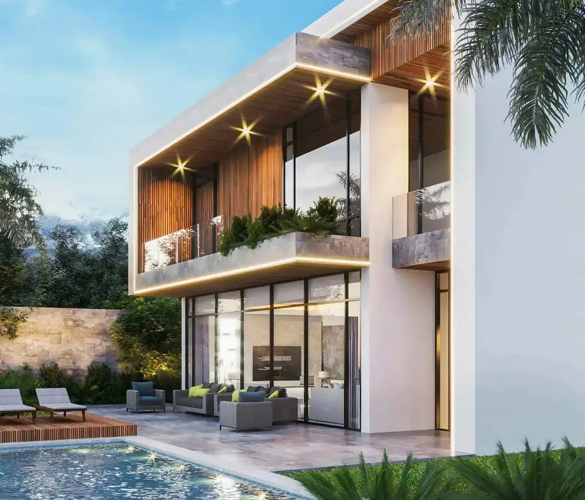 Elegant white façades and palm trees lining the villas at Ohana By The Sea