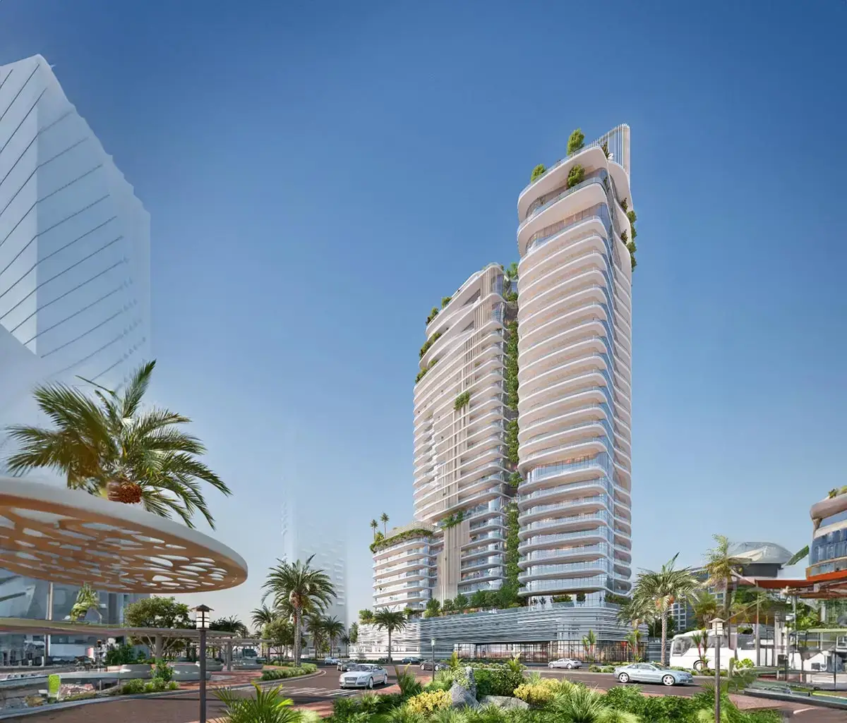 Promenade and palm-lined waterfront walk near Rivage residences