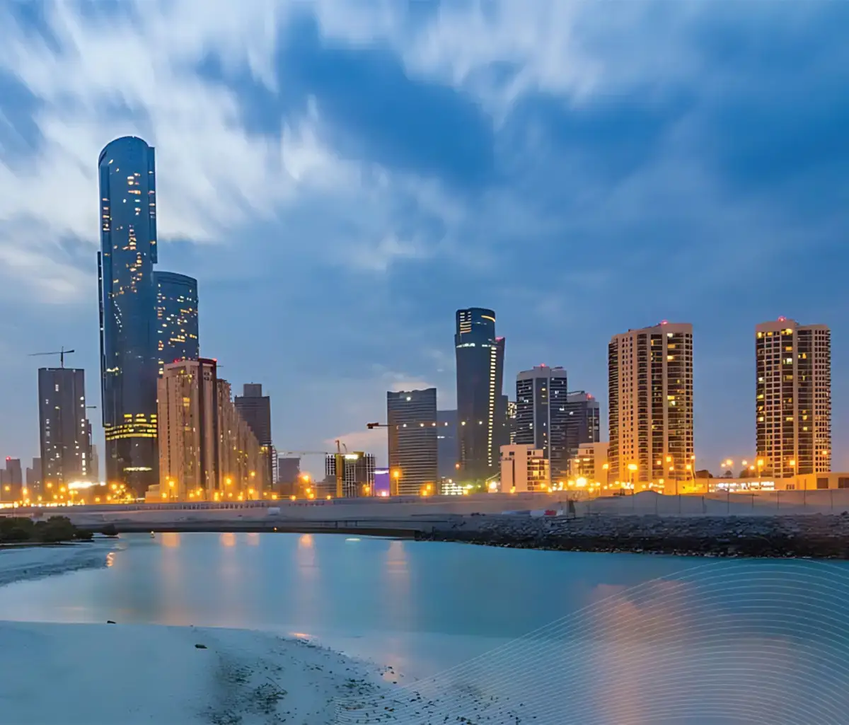 Aerial view of Radiant Marina overlooking the Abu Dhabi skyline and sea