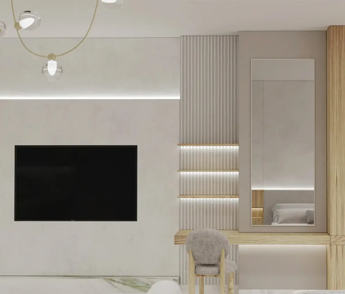 Entry foyer with refined finishes and ambient lighting