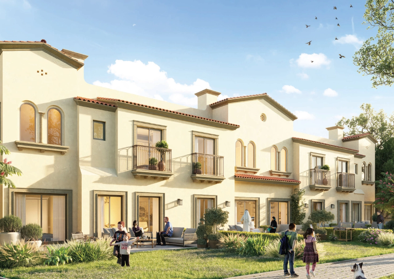 Casares community villas with shaded walkways and palm-lined streets