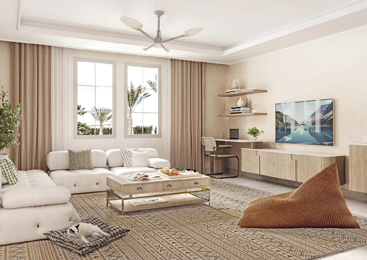 Master bedroom with traditional window frames and neutral tones