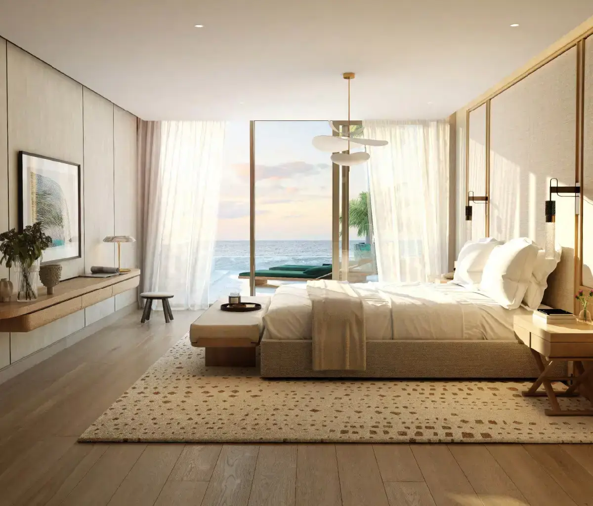 Dining area with natural tones and marina-facing views