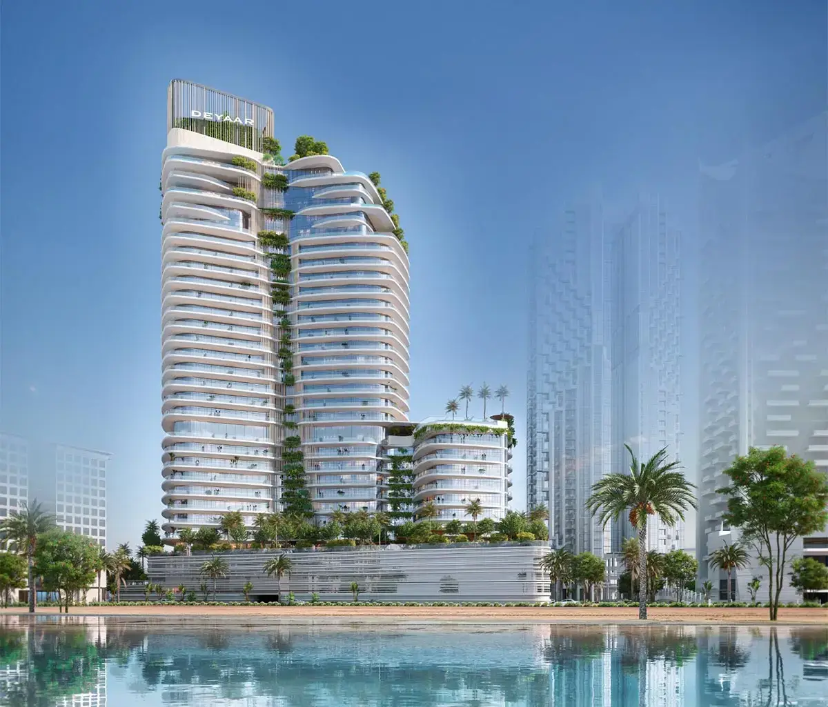 Sunset view over Rivage tower rising along the coastline