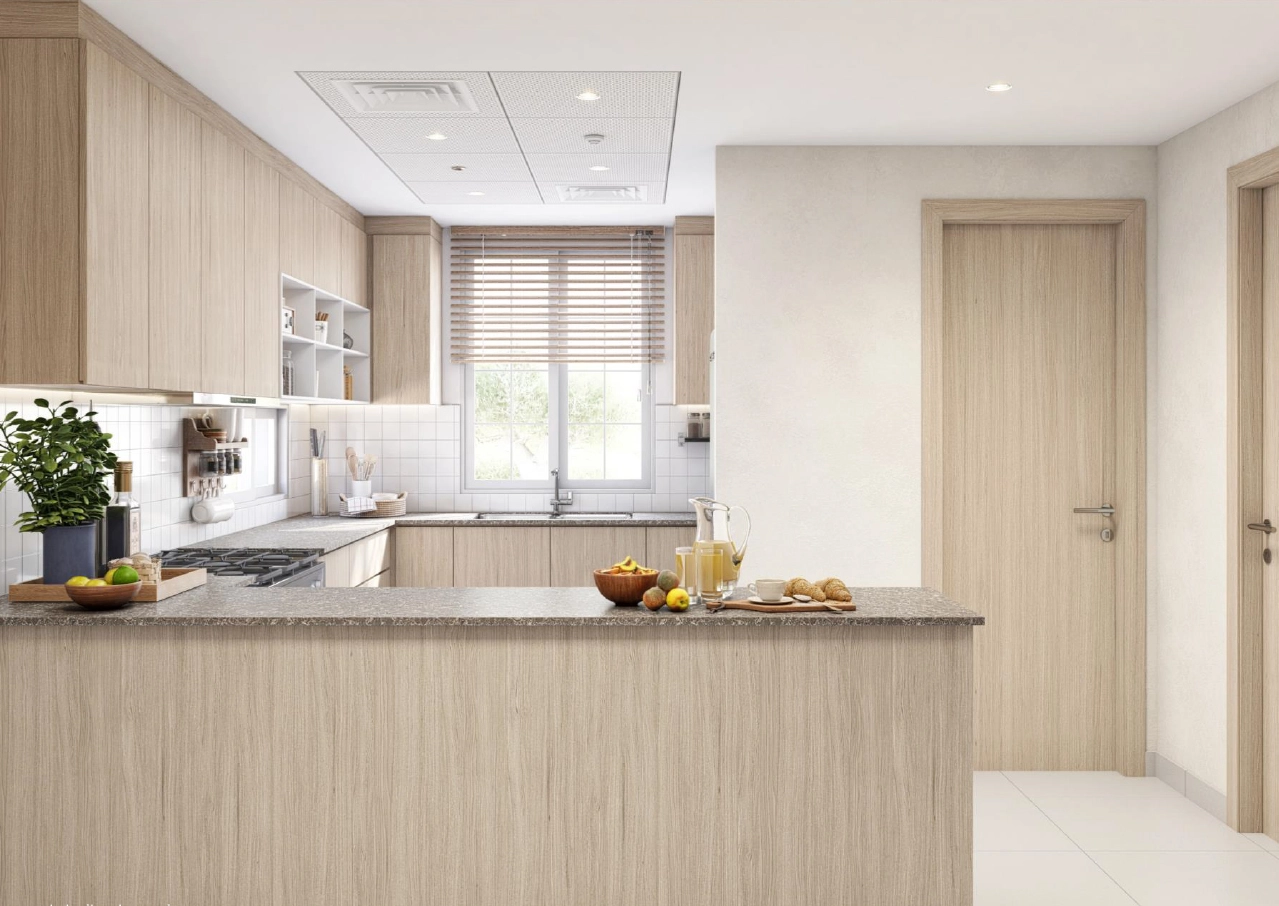 Open-plan kitchen with wood cabinetry and patterned tile backsplash