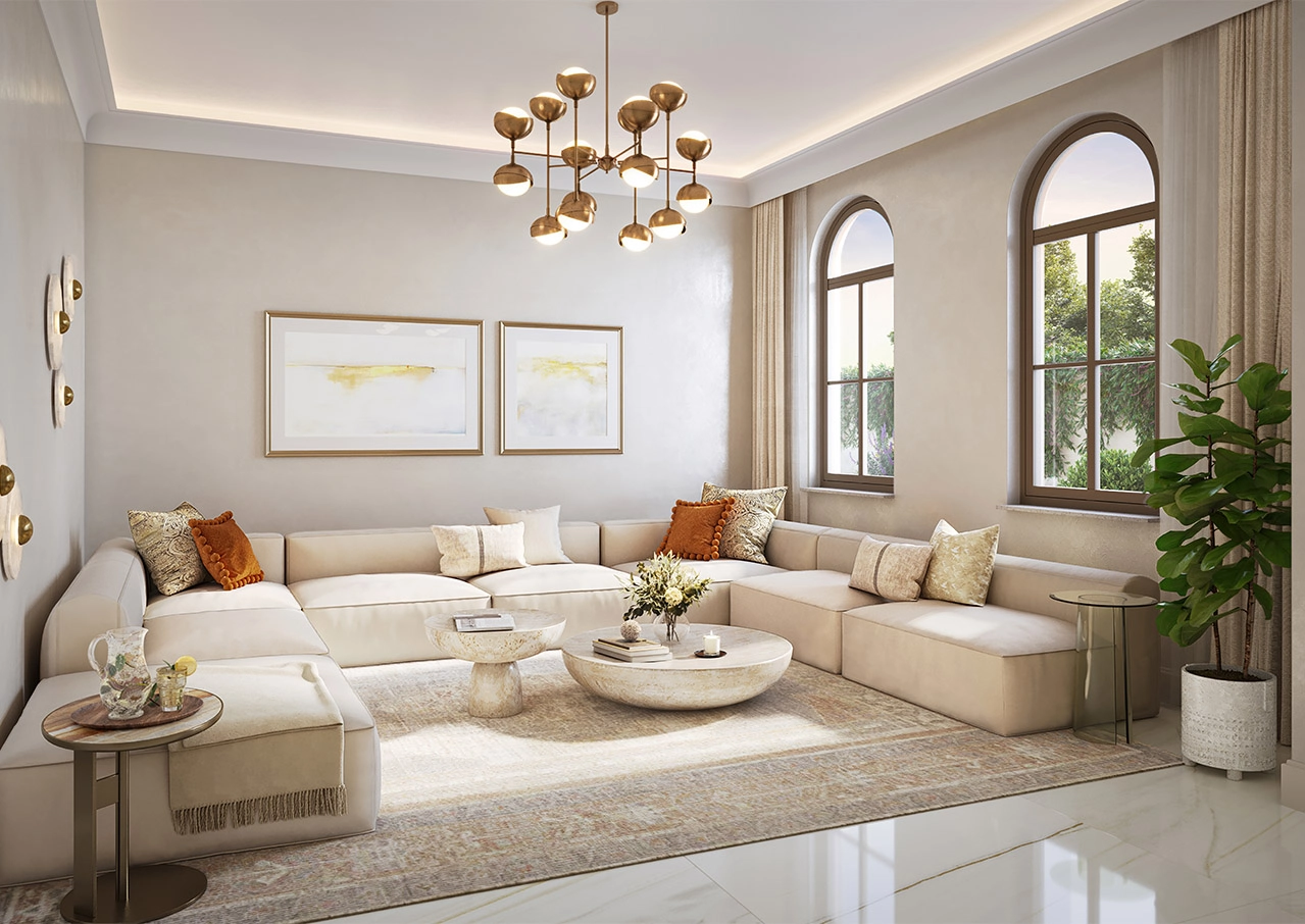 Elegant living room with soft tones and modern décor in Almeria Bloom Living villa