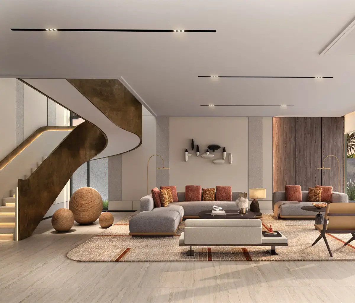 Elegant home office with built-in shelving and tranquil ambiance