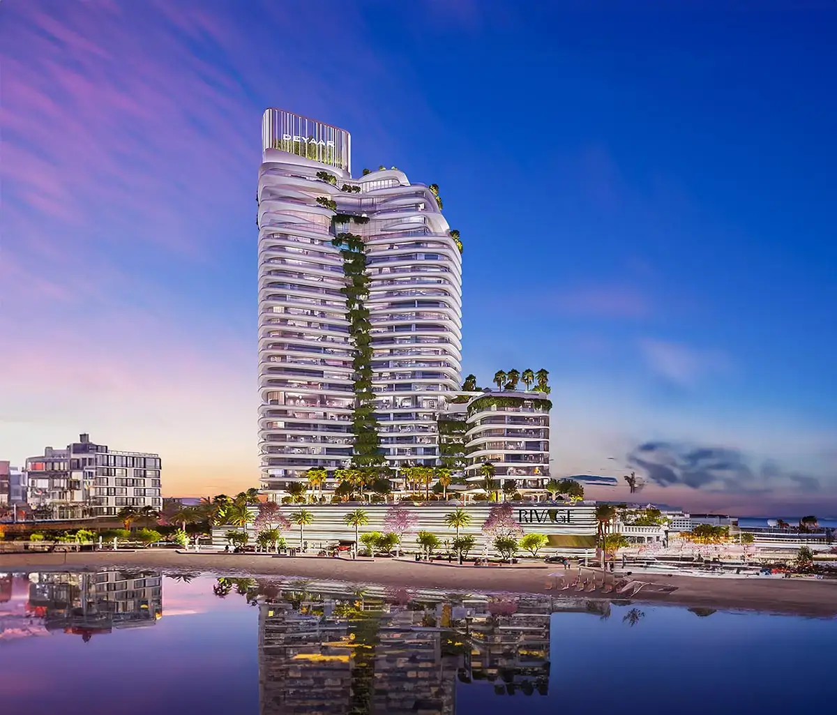 Modern architecture with curved glass façades at Rivage Abu Dhabi