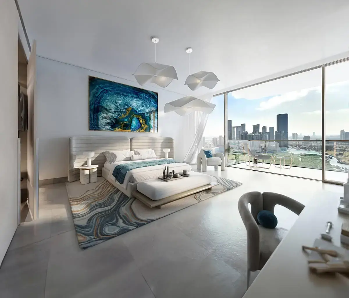 Open-plan kitchen with marble countertops and luxury appliances