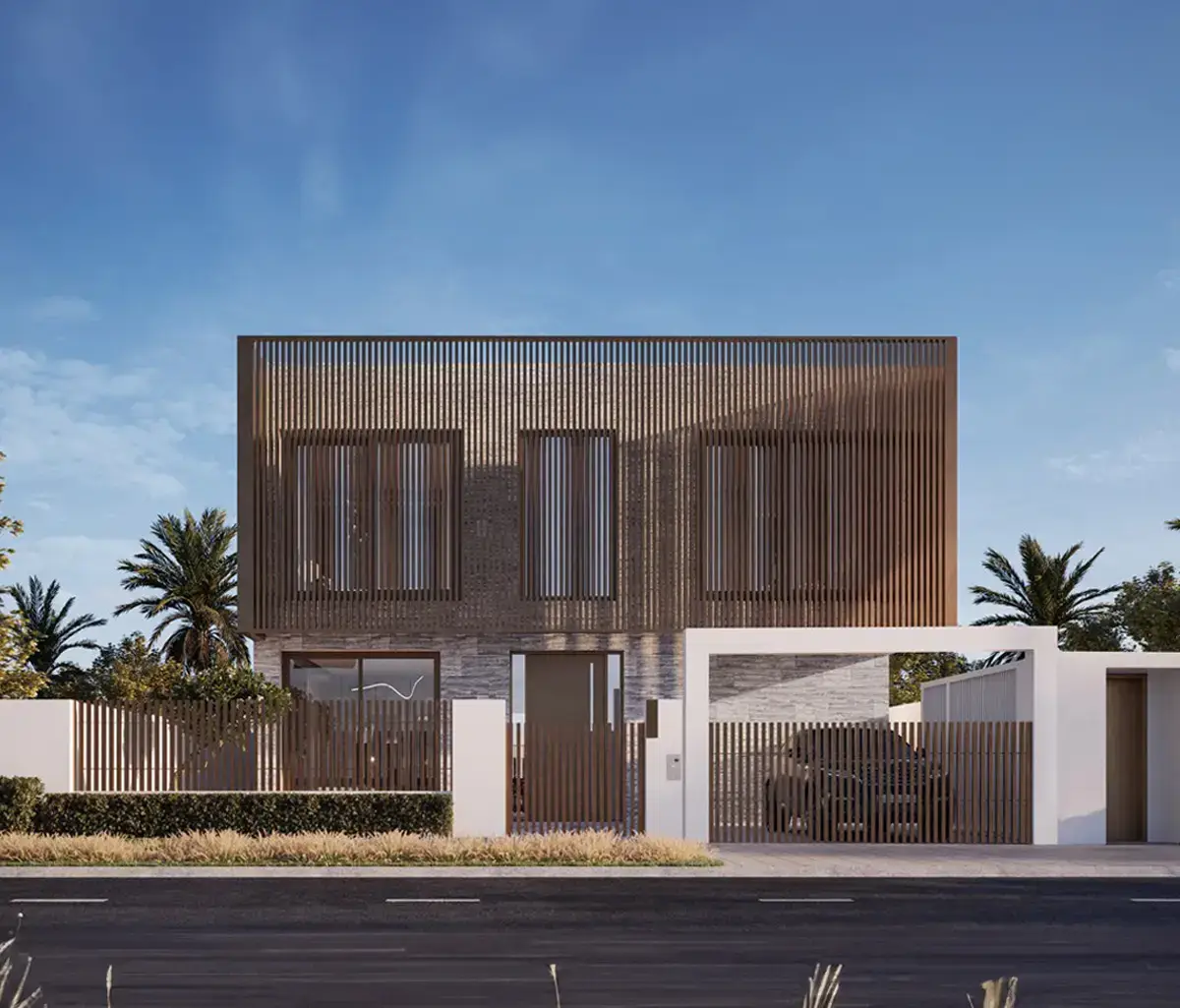 Outdoor lounge spaces and gardens around Nawayef East properties