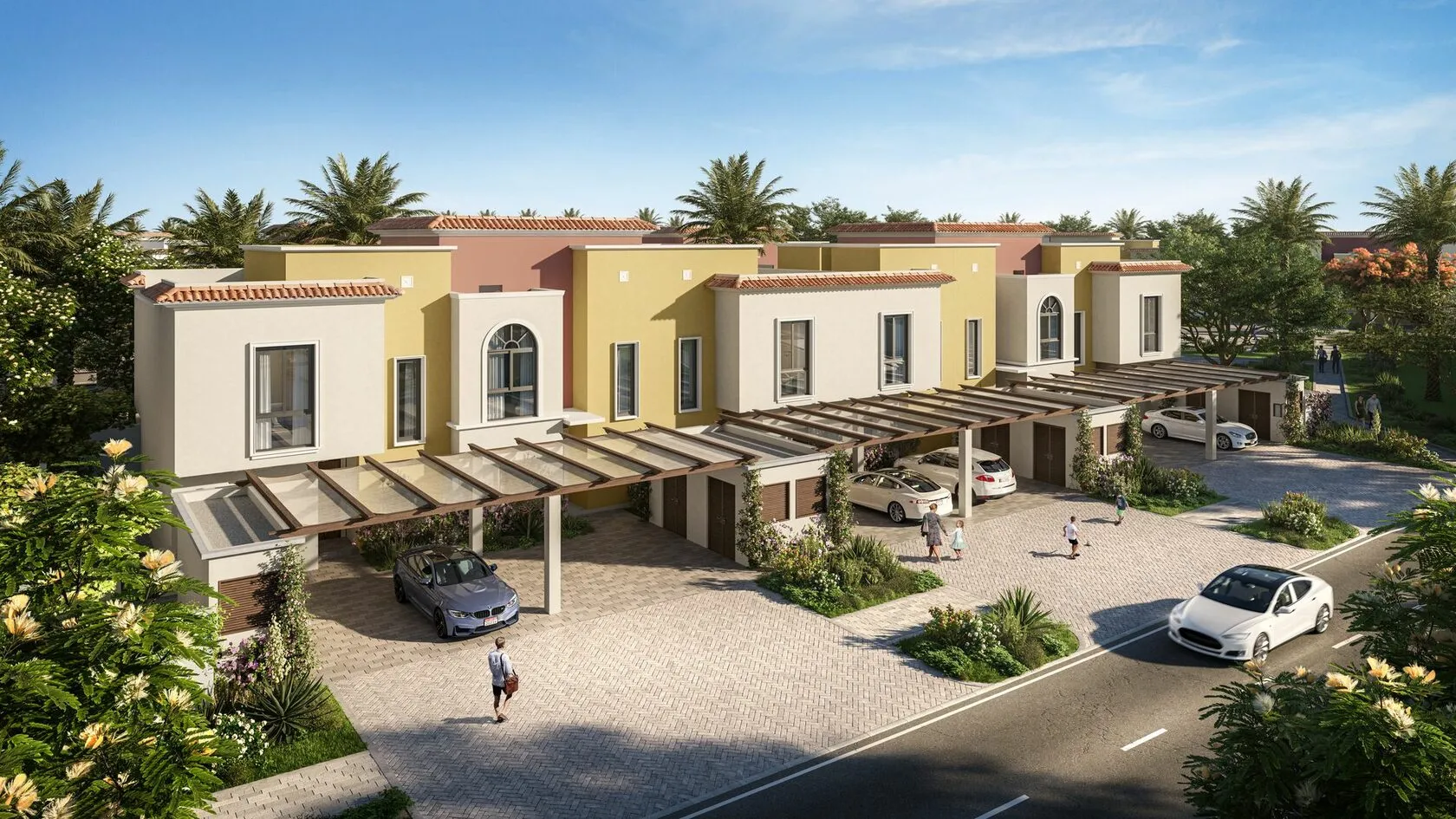 Stylish front elevations and natural color schemes in Yas Park Gate villas