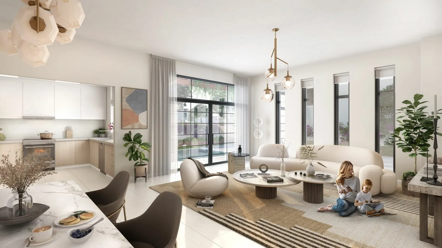 Master bedroom with floor-to-ceiling windows and neutral décor