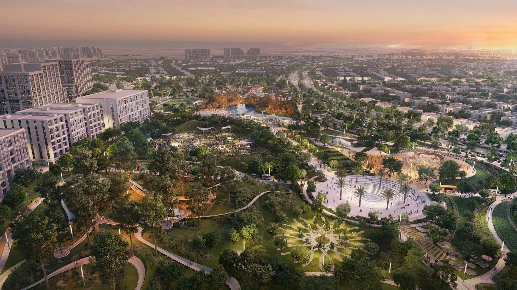 Private villa exteriors surrounded by lush gardens in Yas Park Gate