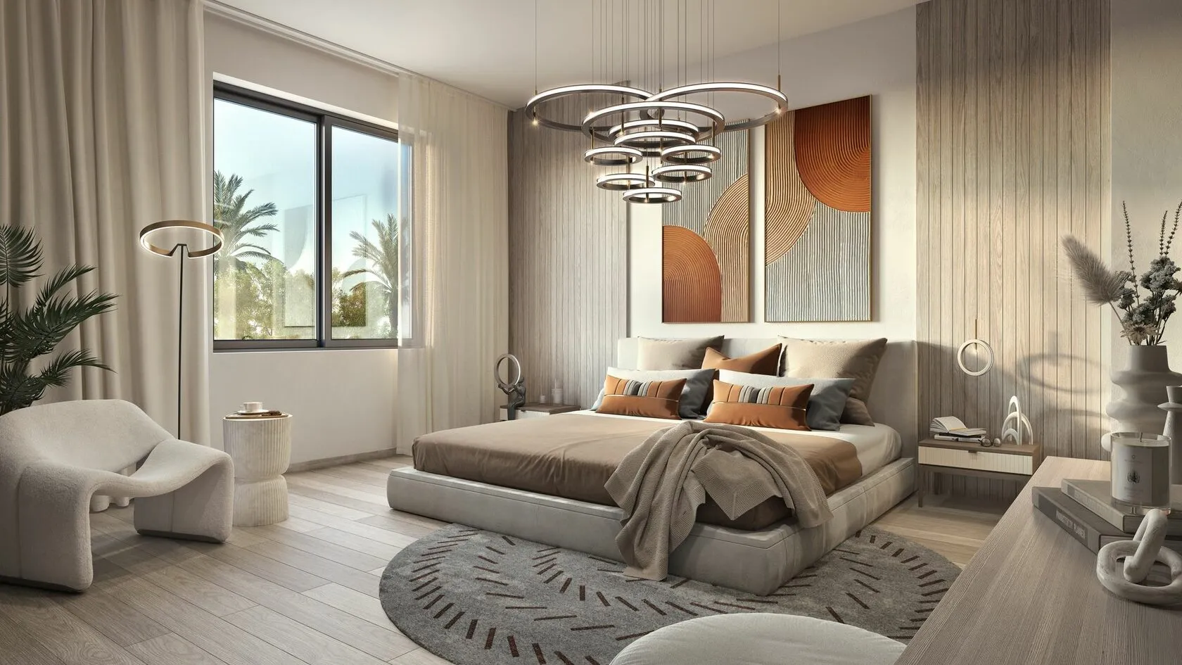 Open-plan living room with natural light in Yas Park Gate villa