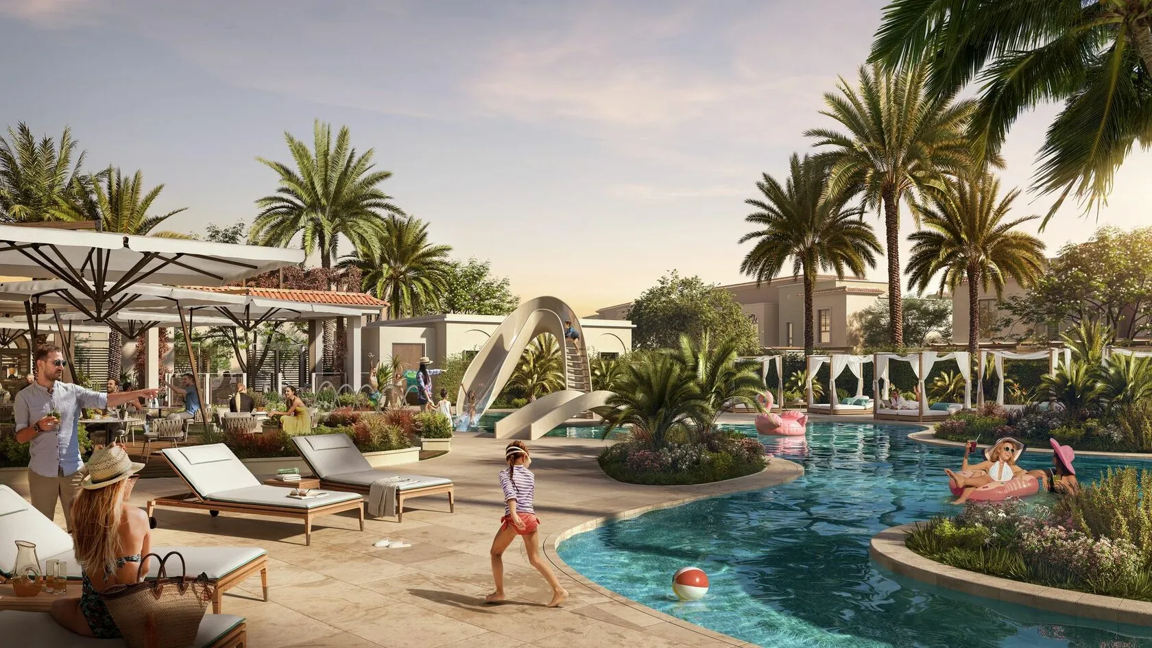 Front garden and patio views of modern villas at Yas Park Gate