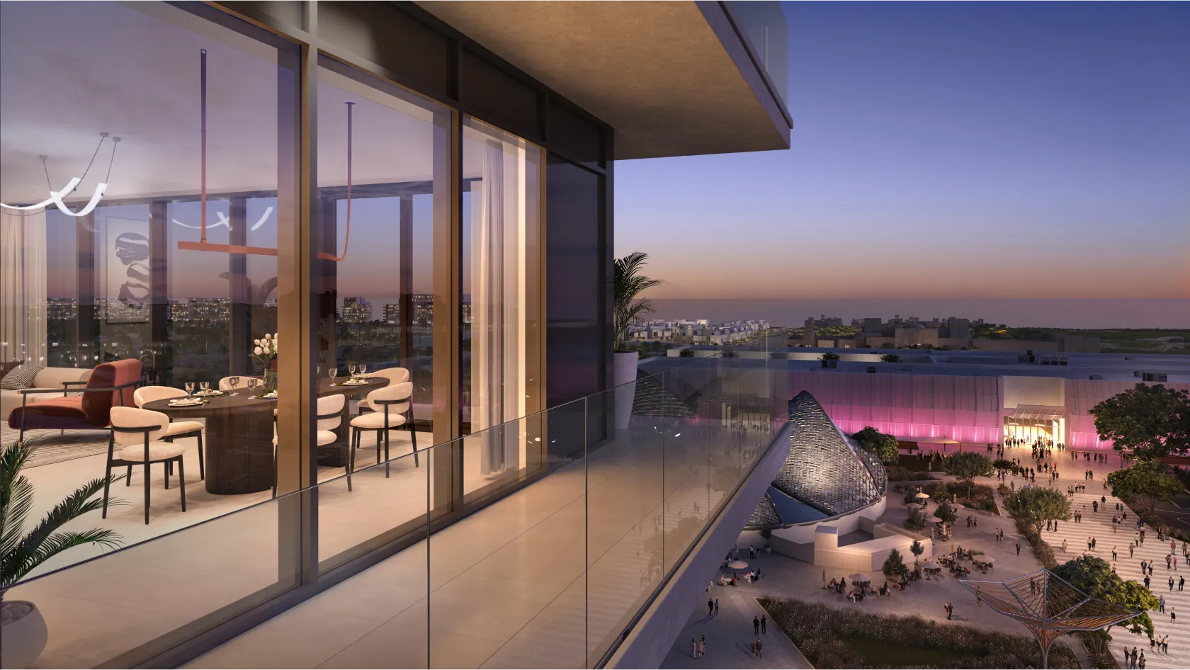 Elevated view of Manarat Living residential tower near Louvre Abu Dhabi