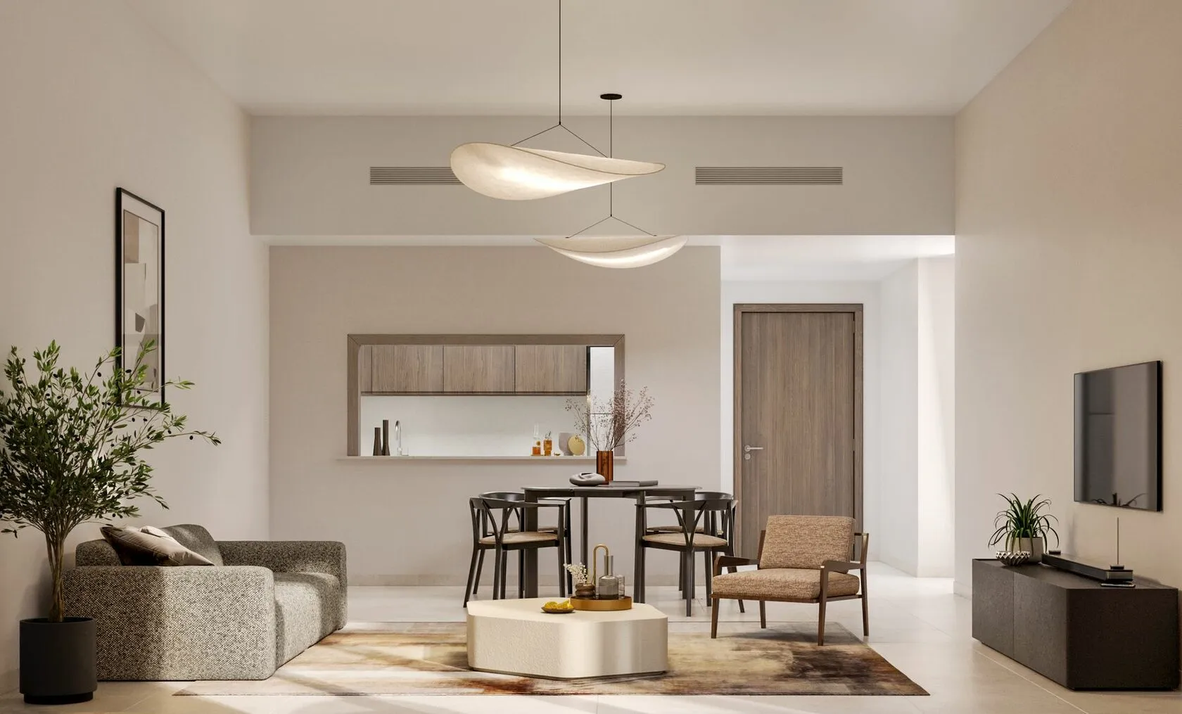 Living room with large windows and golf course views in Yas Golf Collection apartment