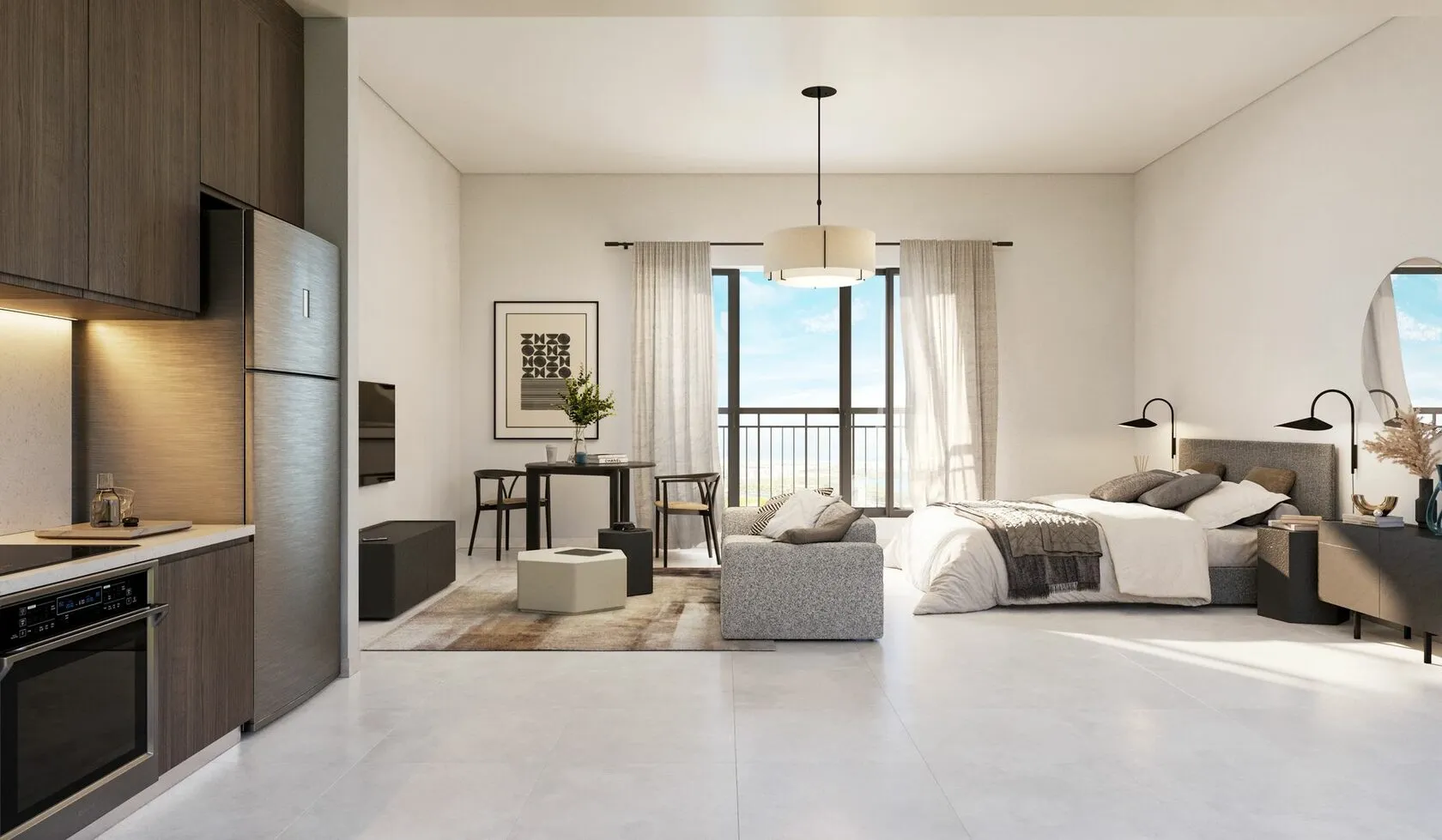 Dining area with clean interiors and full-length windows in Yas Golf Collection home