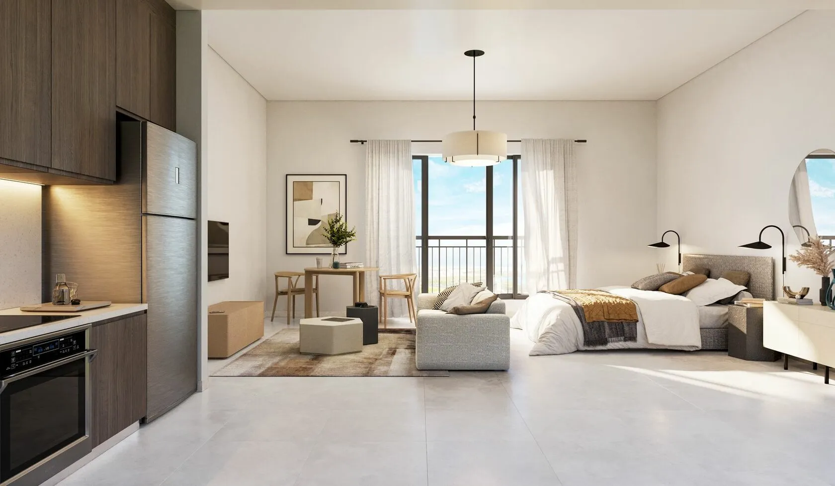 Spacious interior with seamless living-dining design in Yas Golf Collection unit