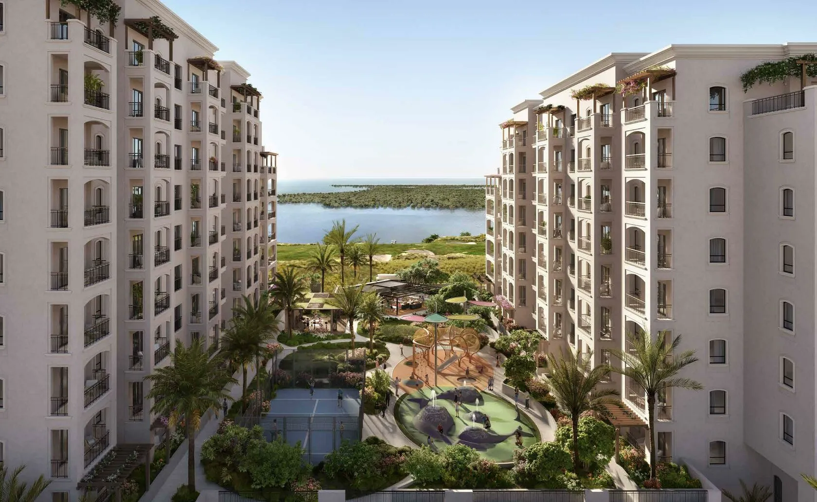 Yas Golf Collection Views residences overlooking the lush golf course in Abu Dhabi