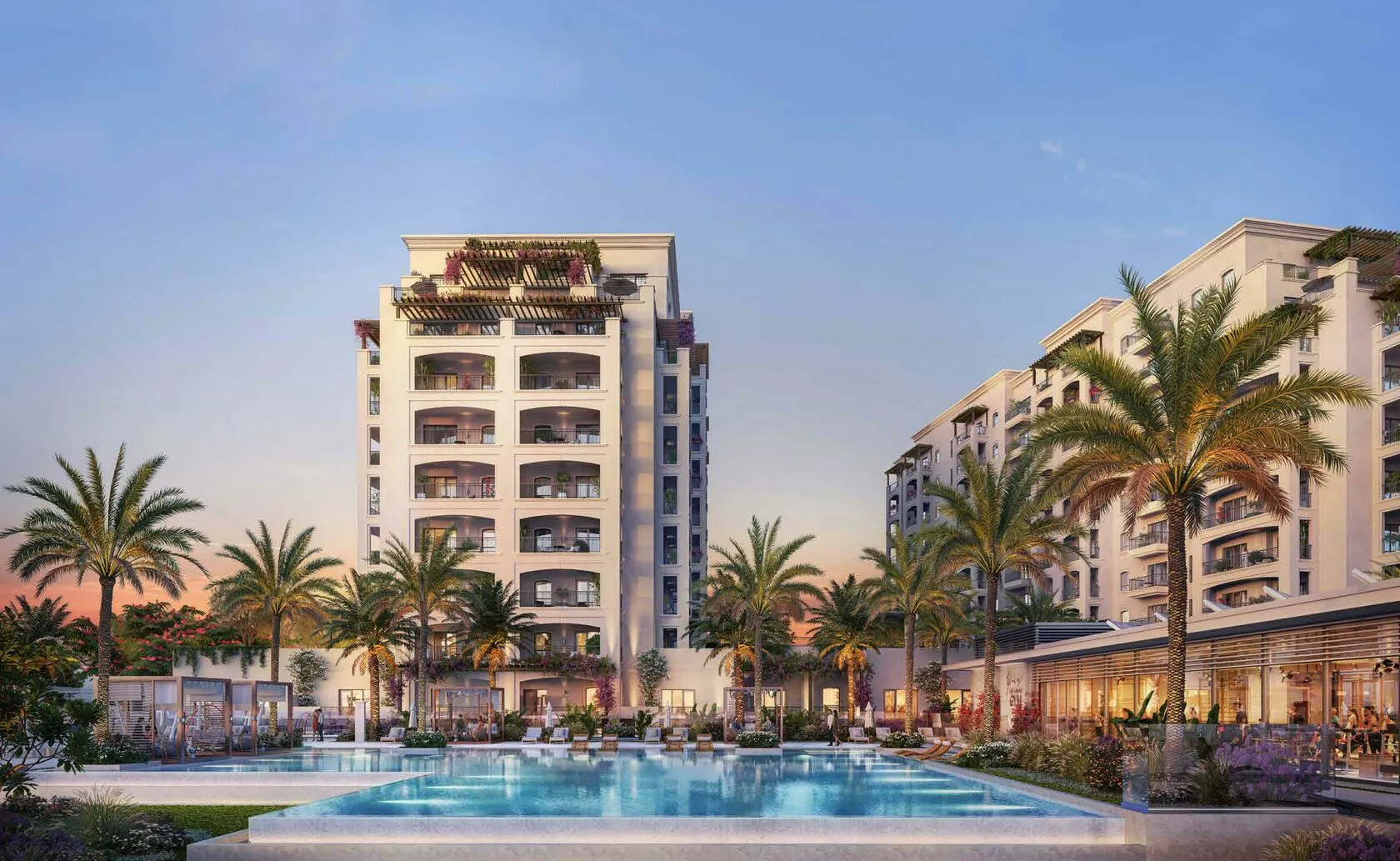 Stylish façade of Yas Golf Collection Views with golf course backdrop