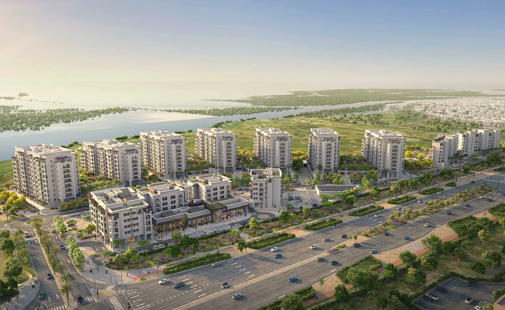 Modern building exteriors with balconies facing Yas Links Golf Course