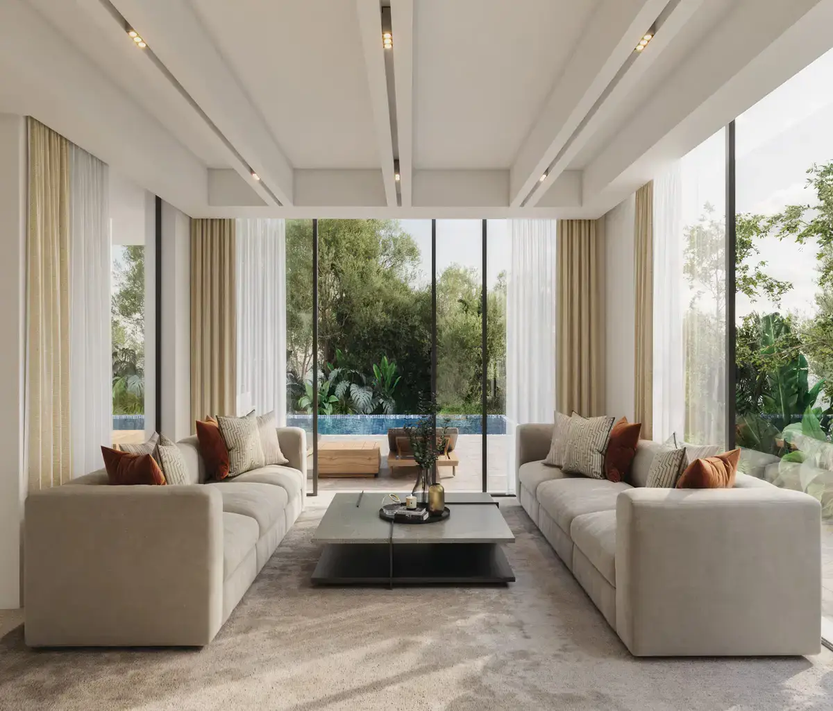 Sophisticated living room with sweeping sea views at Nawayef West villa